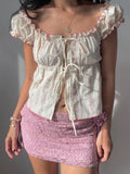 Women's Floral Print Tops Cap Sleeve Tie-up Front Slim Fit Frill Shirts Summer Cropped Blouses Y2K Clothes
