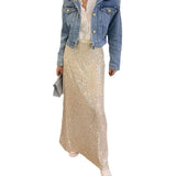 Pbong  Women's Party Clubwear Glitter Shiny Sequined Elastic Waist Spring Summer Vintage Straight Long Skirts Streetwear