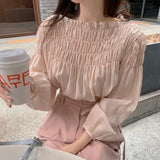 Pbong  Pink Blouse for Women Slash Neck Loose Pleated Shirts All Match Fashion Sweet Vintage Blouses Autumn Tops