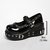 Women‘s Plus Size 35-42 Mary Jane Shoes Platform T-Strap Pumps Studded Black Leather Casual Flats Cosplayer Punk Style Shoes