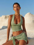 Sexy Halter Neck Backless Camisole Top With Mini SKnit Two-piece Kirt Suit 2025 Women's Vacation Party Beachwear Cover Up K299