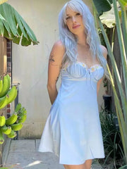 blue satin woman dress Sling mini Sexy Dress Women straps sleeveless Night Out Party Dress lace trim summer dress
