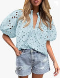 Pbong  Fashionable Casual Lace Embroidery Women's Shirt V-Neck Button Hollow out Lantern Sleeve Summer Top Cross-Border Clothing