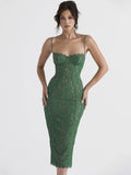 Spaghetti Strap Lace Sexy Midi Dress For Women Gown  Green Sleeveless Backless Club Party Printed Long Dress Vestidos