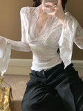 Women's Long Sleeve Lace Top V-neck Flared Sleeve Sheer Lace Crop T-shirt Teen-girl Coquette Fairycore Y2K Outfit