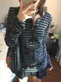 Pbong  Y2k Aesthetic Stripe Grunge T-shirt Women Harajuku Vintage Punk Skull Print Tops Casual Streetwear Loose Gothic Bandage Tshirts