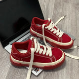 Pbong  Women Vintage Red Canvas Low-top jogging Sneakers Casual Letter Embroidery Skateboard Shoes Students Flat outdoor trainers