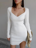 White Long Sleeve Knitted Mini Dress V-Neck Ribbed Bodycon Sweater Dress Elegant Short Autumn Winter Dresses Women