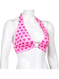 Pink Heart Print Cute Bustier Crop Top Women Aesthetic Kawaii Clothes Sleeveless Backless Lace Up Bralette Camisole