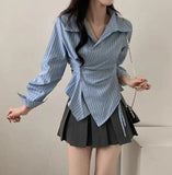 Fashion Slim Striped Shirt Women Elegant Korean Long Sleeve Blouse Casual Irregular Female Spring Sweet Chic All Match Top