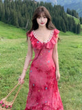 Women Print Flower Red Vacation Dress Elegant V-Neck Ruffled Long Evening Party Dresses Vintage Slim A-Line Vestidos Mjuer New