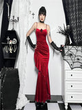 Christmas Red Velevt Dress Women Elegant Mall Goth Fairy Grunge Spaghetti Strap Rose Patchwork Trumpet Dress Partywear
