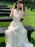 Women Beach Flower Ruffle Halter Dress Summer White Sleevelss Backless Long Princess Party Dresses Female Fashion Holiday Robe