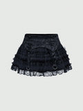 Pbong  Valentine's Day Gothic Jacquard Mesh Lace Patchwork Cake Hem Women Low Waist Mini Skirt