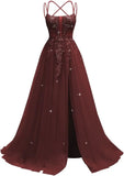 Pbong  Lace Applique Sparkly Tulle Prom Dresses for Women with Slit Spaghetti Straps Backless A Line Long Ball Gown