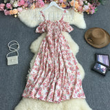 Pbong  Korean Fashion Sweet Off Shoulder Women Party Dress New Summer Floral Print Vacation Long Dress Beach Vestidos