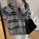 Women Cardigan Sweater Striped V-neck Button-up Sweater Jacket Comfy Cozy Slouchy Cardi Autumn Winter Casual Outfit