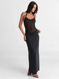 Halter Backless Sexy Maxi Dress Women Gown Mesh Patchwork Sleeveless High Waist Slim Elegant Long Dress Fashion