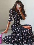 Pbong   Elegant Printed Laminated Women's Dress Slim Short Sleeve V-neck Waist-Closed Female Dresses Summer Autumn Party Lady New