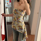 Pbong  Vintage Y2k Print Irregular Camisole Women's Clothing Tunic Boob Tube Vest  Backless Zipper Fashion Summer Tank