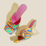 Woman Slippers New Summer Camouflage Transparent Strange Crystal High Heels Sandals Women Square Toe Mules Lady Pumps Slides