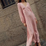 Pbong  Elegant Printed A Line Dresses for Women V Neck Puff Sleeve High Waist Patchwork Single Breasted Slit Dress Female