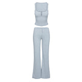 Pbong  Women’s 2Piece Y2K Stripe Loungewear Outfit Set Sleeveless Button Square Neck Crop Tank Tops +Elastic Low Waist Pants