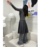 Korean Casual Women Knitted Ruffles Flare Pants Vintage Simple Fashion All Match Wide Leg Trousers Y2k Grunge Mujer Pantalones