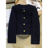 Ladies Short Jacket 2025 Spring Autumn Navy Blue Small Fragrance Lady Outerwear Korean Version Temperament Women's Short Tops