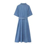Turn Down Collar Belt Denim Long Dress 2025 New Single Breasted Fashion Women Dress A-line High Waist short sleeve Summer Dress