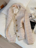Pink Women Sweet Tweed Jacket Vintage Long Sleeve Slim O Neck Coat Korean Fall Winter Retro Small Fragrance Elegant Tops