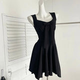 Pbong  Women's Red Sleeveless V-Neck Bodycon Dress Bow Decor Ruffled Flared Mini Dress Elegant Party Date Casual Slim Fit Dress