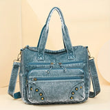 Pbong  Vintage Large Capacity Tote Bag with Multiple Zipper Pockets Rivet Detail Detachable Crossbody Bag Strap Casual Shoulder Purse