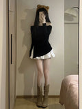 Autumn Winter Women Ballet Core Korean Suit JK Gyaru Coquette Outfits 2 Piece Set Slash Neck Knit Tops + Kpop Mini Lace Skirt
