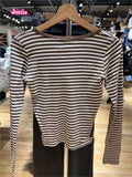 Vintage Brown Striped Slim T-shirts Women 2024 Summer Y2k Streetwear Round Neck Long Sleeve T Shirt Harajuku Casual Cotton Tops