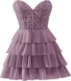 Pbong  Lace Tiered Chiffon Homecoming Dresses Strapless Corset Short Prom Dresses for Teens