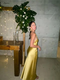 New Summer Fashion Backless Vacation Party Vestidos Satin Sexy Slim Slant Shoulder Solid Color Slit Casual Long Dress Vestidos