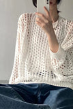 Women Mesh Top Oversized Long Sleeve T-shirts Crew Neck Loose Casual Knit Tees See-Through Openwork Knit Top Women Spring Summer