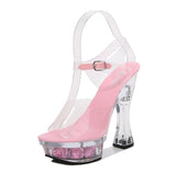 Glowing Sandals Women  Summer New Flowers Transparent High Heels 14.5cm Platform Thick heel Ladies Banquet Shoes