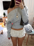 Pbong  New Autumn Winter Laid-back Style Loose Shoulder Design Knitted Top Women's High Waist Slimming Sweater Street Fashion