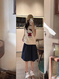 Navy Blue Elastic Waist Skirt Female Faldas Niche Summer High-waisted Slimming Puffy Skirt Y2k Korean A-line Skirts