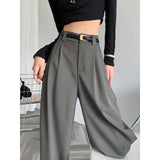 Fall Winter Elegant Gray Suits Pants for Women Office Lady High Waist Wide Leg Fashion Trousers with Pockets Black Pants