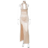 Deep V neck Ribbon Slit Dress For Women Sexy Halter Backless Evening Party Maxi Dress High Street Slim Elegant Summer New