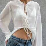 Pbong  White Bandage See Through Blouses Women Clothing Flare Sleeve Vintage Ruffled Shirts  Loose Fashion Top