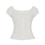 French Summer V Neck Short Sleeve Temperament Shirts Y2k Sweet Lace Splcied Single Breasted Clothes Harajuku Thin All Match Tops