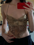 Fashion Trendy Leopard Short Women’s Tank Sleeves V-Neck Ruched Fabric Slim Fit Camisole Y2k Chic
