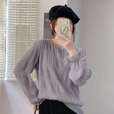 Pbong  Korean All Match Lady Loose Blouses for Women O-neck Flare Sleeve Solid Color Shirts Fashion Pleated Tops
