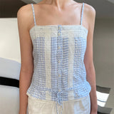 Vintage Lace Patchwork Cami Tops Cottage Plaid Print Button Down Crop Tops Women Sleeveless Shirt Vest Fairy Cute Y2k Clothes