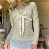 Pbong  Y2K Aesthetics V-Neck With Bow Decorated Long Sleeve T-shirts Women's Sweet Slimming Yellow Casual Top Tees Fashion Clothes New
