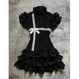 Pbong  French Vintage Black Lace Dress Women Sweetheart Ruff Sleeve Slim Dress Patchwork Harajuku Y2K Summer A Line Mini Dress